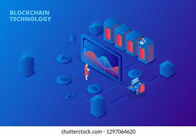 Dark isometric illustration blockchain. Landing page template.