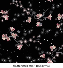 Dark japanese garden oriental night blooming flowers, branches, leaves and birds. Vector seamless pattern. Illustration for fabrics, and all prints on black background color