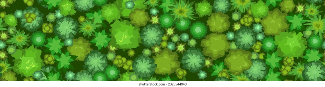 Dark Jungle forest top view. Horizontal seamless composition. Overgrown rainforest. Cartoon style flat design. Illustration vector.