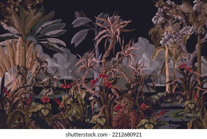 Dark jungle landscape with tropical trees and plants. Vector