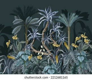 Dark jungle landscape with tropical trees and plants. Vector