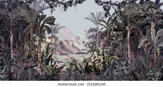 Paisaje de selva oscura con árboles y plantas tropicales. Vector