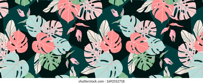 Dark jungle leaf pattern. Exotic tropical monstera and palm leaves on a dark green background. Modern seamless vector design for web and print. Nature in warm countries. Rainforest plants.