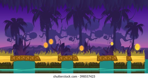 dark jungles game background 2d game application. Vector design. Tileable horizontally. Size 1024x512. Ready for parallax effect