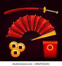 dark; katana; fan; envelop; coins; illustration; icon; oriental; japanese; vector; cartoon; graphic; design; clipart; brown; progress; saber; collection; 