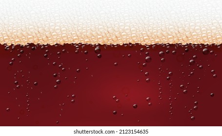 Dark kind of beer foam and bubbles, refreshing beverage in pub or bar. Vector background or banner for menu or advertisement, pint of ale or lager with bitter taste. Cold summer drinks drops