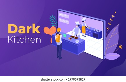 Dark kitchen banner with cooks and the customer, waiting for his order. Modern solutions to pressing problems, caused by the covid-19 pandemic. Saving time and money using delivery and pickup services