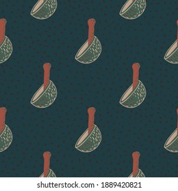 Dark kitchen seamless pattern with hand drawn mortar and pestle ornament. Turquoise background. Perfect for wallpaper, textile, wrapping paper, fabric print. Vector illustration.