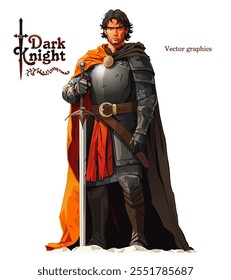 Dark knight. Medieval knight figure in armor and cloak with a large two-handed sword. Vector illustration	