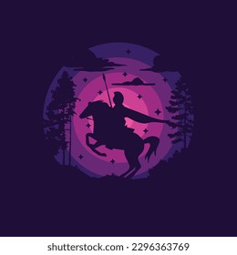 Dark knight riding horse in the midnight forest paper cut style vector illustration