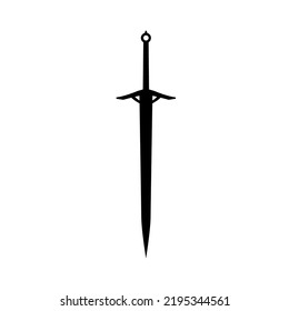 Espada de caballero oscuro. Silueta negra de hoja. Icono de arma medieval. Signo de andraje aislado. Ilustración del vector