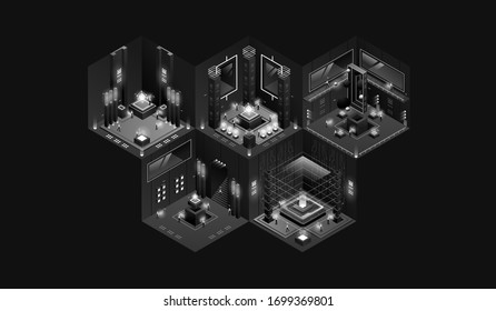 dark laboratory interior. Data visualization. futuristic industrial building. Dark isometric illustration.
