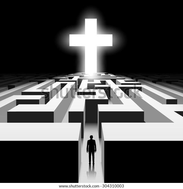 Dark labyrinth. Silhouette of man. White Cross.\
Stock vector image.