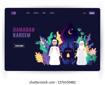Dark landing page template of  holy month of prayer, Ramadan Kareem celebration. Muslim people in traditional outfit praying. Islamic mosque building, window, star and nature in Background.