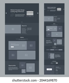 Dark landing page website design template. One page site wireframe layout.