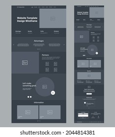 Dark landing page website design template. One page site wireframe layout.