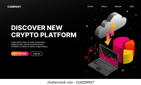 Dark Landing Web Page Template for Crypto Platform. Vector illustration