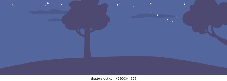 Dark Landscape Featuring Silhouetted Trees Against A Starry Sky. Shades Of Blue And Black Create A Serene Atmosphere