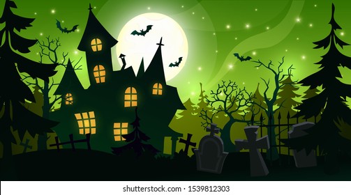 Dark landscape for Halloween. Old creepy mansion and cemetery with graves on the background of a large moon and a green starry sky.
Vector illustration.