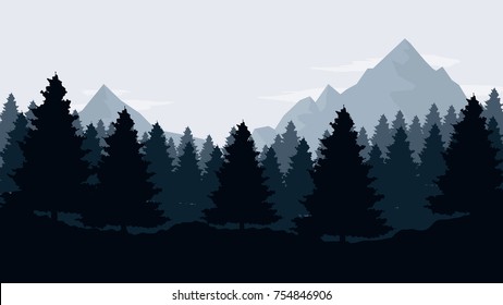 Dark landscape with mountains,  sky and woods. Forest silhouette template . Panorama background 