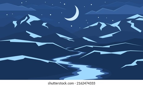 Un paisaje oscuro de río que fluye por la noche sobre el fondo de la silueta de montaña. Ilustración plana horizontal mística.