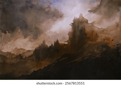 Dark landscape painting, mystical mountains, watercolor style, atmospheric scenery, dramatic light effects, fantasy art.