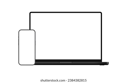 Dark Laptop And Mobile Phone, Blank Screens, Isolated On White Background. Vector Illustration