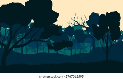 dark layered forest silhouette scene for moody nature background design