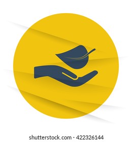 Dark Leaf In Hand icon label on wrinkled paper