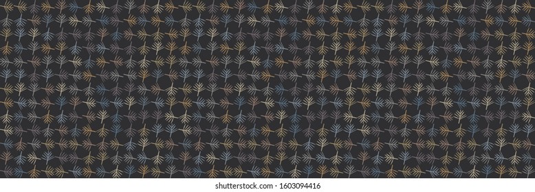 Dark leaf mosaic effect vector border texture. Masculine geometric seamless melange banner pattern. Hand drawn variegated irregular fern background. Textured classic blue brown hipster ribbon trim
