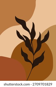 A dark leafy branch silhouette set against abstract curved shapes in brown tones.