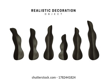 Dark leaves, metallic silhouettes. 3d objects shaped petal. Black plant leaves branches decorative design elements isolated on white background. Decoration set. Realistic vector illustration