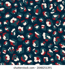 Dark leopard skin seamless repeat pattern. Random placed, animal minimal all over print on dark blue background.