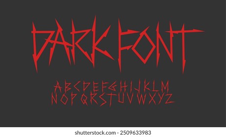 Vector Estilo de tipo de letra de ángulos agudos de letras oscuras. Diseño de impresión gótico sangriento y puntiagudo Concepto de fuente de tatuaje gótico Y2k para diseño de impresión de ropa