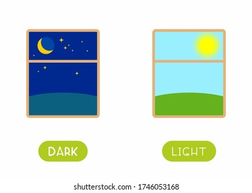 Dark and light antonyms word card flat vector template. Flashcard for english language learning. Opposites concept. Night and morning nature landscape cartoon illustration with typography