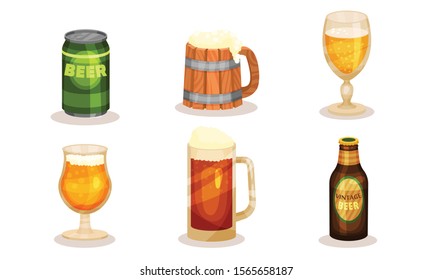 Dark and light beer in bottles, cans and mugs. Vector illustration on a white background.