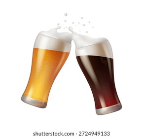 Cerveza oscura y ligera con espuma, celebración de alegría y fiesta. Vector en estilo realista, tazas aisladas con bebida alcohólica. Bebida refrescante en pub, bar o restaurante, cervecería