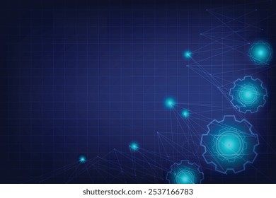 Fondo de color azul oscuro y azul claro. Plantilla de Tecnología para diseño y edición. Línea de forma hexagonal y engranaje con elemento de partículas y conexión de red.