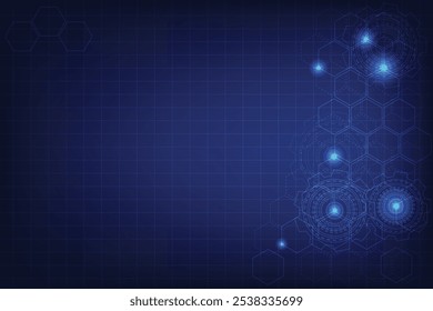 Fondo de color azul oscuro y azul claro. Plantilla de Tecnología para diseño y edición. Línea de forma hexagonal y engranaje.