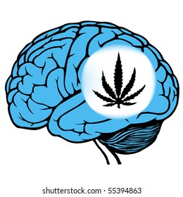 dark and light blue human brain with sign of marijuana