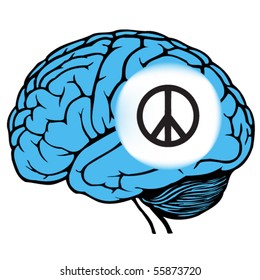 dark and light blue human brain with sign