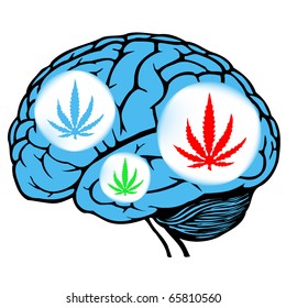 dark and light blue human brain with sign of marijuana