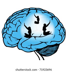 dark and light blue human brain with silhouette of two girls