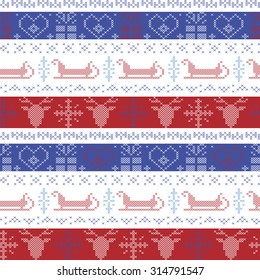 Dark and light blue, and red Nordic Christmas seamless pattern with Santa sleigh, reindeer, snowflakes, stars decorative ornaments in Scandinavian knitted stitch

