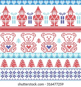 Dark and light blue , red Scandinavian inspired Nordic xmas seamless pattern with elf, stars, teddy bears, snow,christmas  trees, snowflakes, stars, snow, decorative ornaments  in red cross stitch
