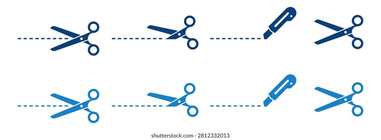 Dark and light blue scissors and utility knife cutting line on white background