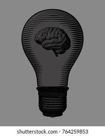 Dark light bulb and brain engraving drawing illustration isolated on gray background
