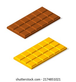 Dark and light chocolate bars. Brown and gold chocolate. Flat 3d isometric illustration. Isolated vector for icon, presentation, infographic, website, apps, printed materials and other uses.