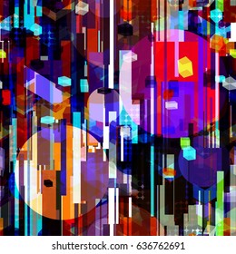 Dark and light. Circles, rectangles, 3d cubes. Seamless abstract urban background. Vector texture for fabric, wrapping, home decor.