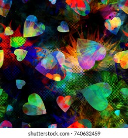 Dark and light colorful valentine days seamless background with stylized floral elements, dots and hearts. Festive texture for wrapping paper, home decor, girl design, textile, greeting card.